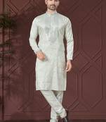 Green pure silk with embroidery work kurta pyjama for mens wear