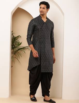Men black printed straight kurta with dhoti pants set 1