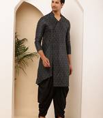 Men black printed straight kurta with dhoti pants set