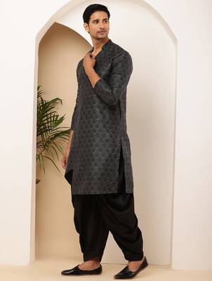 Men black printed straight kurta with dhoti pants set 2