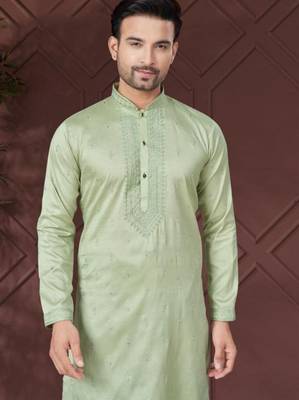 Light green pure silk with embroidery work kurta pyjama for mens wear 3