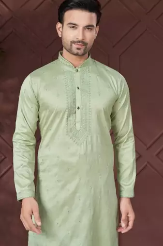 Light green pure silk with embroidery work kurta pyjama for mens wear