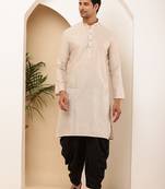Men beige textured straight kurta with black dhoti pants set
