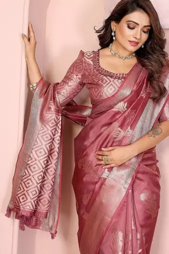 Onion Pink Color Party Wear Organza Silk Saree