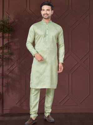 Light green pure silk with embroidery work kurta pyjama for mens wear 1