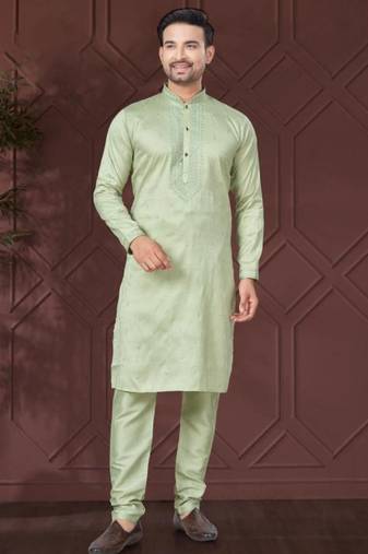 Light green pure silk with embroidery work kurta pyjama for mens wear