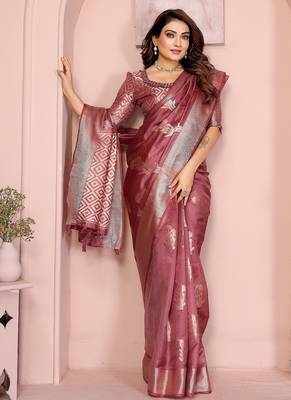 Onion Pink Color Party Wear Organza Silk Saree 3