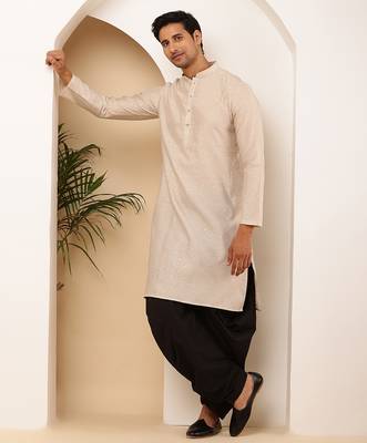 Men beige textured straight kurta with black dhoti pants set 3