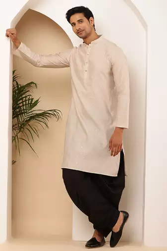 Men beige textured straight kurta with black dhoti pants set