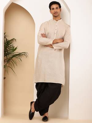 Men beige textured straight kurta with black dhoti pants set 4