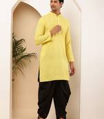 Men yellow textured straight kurta with black dhoti pants set