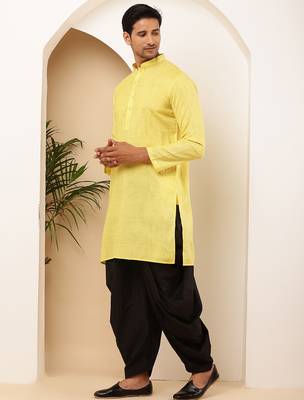 Men yellow textured straight kurta with black dhoti pants set 2