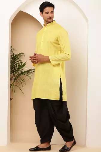 Men yellow textured straight kurta with black dhoti pants set