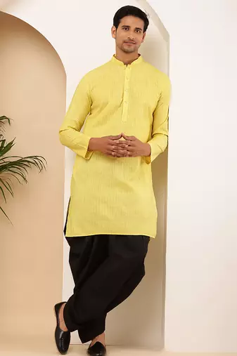 Men yellow textured straight kurta with black dhoti pants set