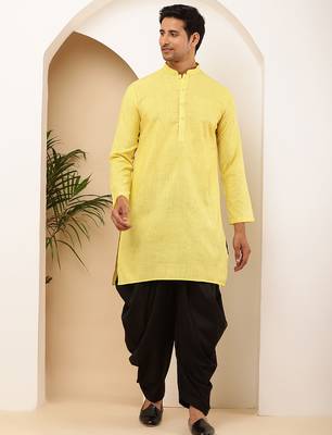 Men yellow textured straight kurta with black dhoti pants set 4