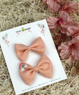 Pink plain linen hair bow 2