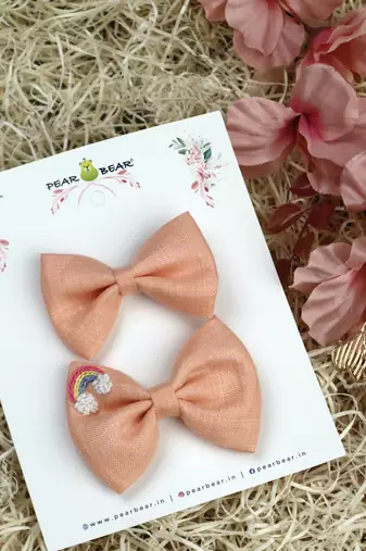 Pink plain linen hair bow