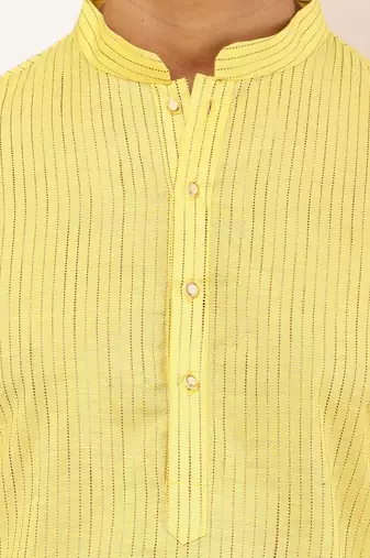 Men yellow textured straight kurta with black dhoti pants set