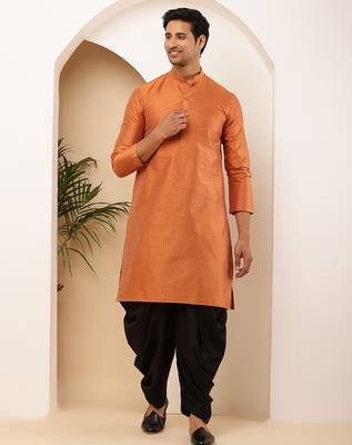 Men rust orange textured straight kurta with black dhoti pants set 1