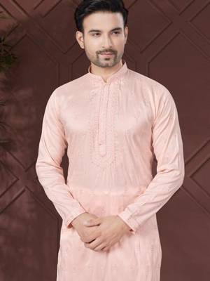 Peach pure silk with embroidery work kurta pyjama for mens wear 2