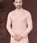 Peach pure silk with embroidery work kurta pyjama for mens wear