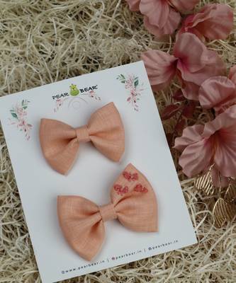 Pink plain linen hair bow 2