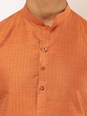Men rust orange textured straight kurta with black dhoti pants set 3