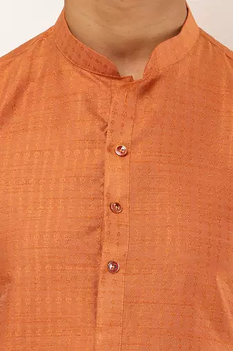 Men rust orange textured straight kurta with black dhoti pants set