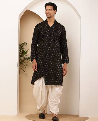 Men black printed straight kurta with white dhoti pants set 1