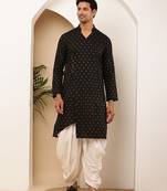 Men black printed straight kurta with white dhoti pants set