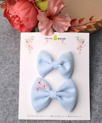 Blue plain linen hair bow 2