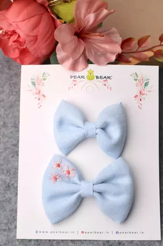 Blue plain linen hair bow
