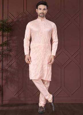 Peach pure silk with embroidery work kurta pyjama for mens wear 3