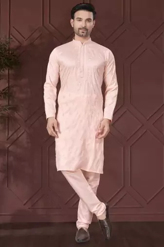 Peach pure silk with embroidery work kurta pyjama for mens wear