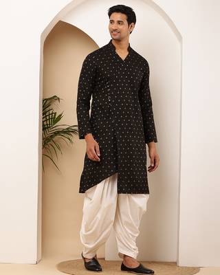 Men black printed straight kurta with white dhoti pants set 2