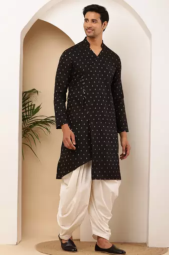 Men black printed straight kurta with white dhoti pants set