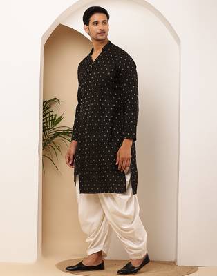 Men black printed straight kurta with white dhoti pants set 3