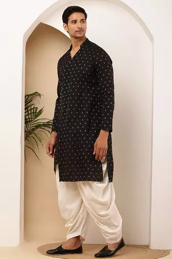 Men black printed straight kurta with white dhoti pants set