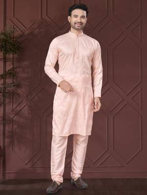 Peach pure silk with embroidery work kurta pyjama for mens wear 1