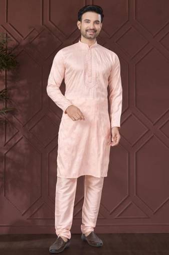 Peach pure silk with embroidery work kurta pyjama for mens wear