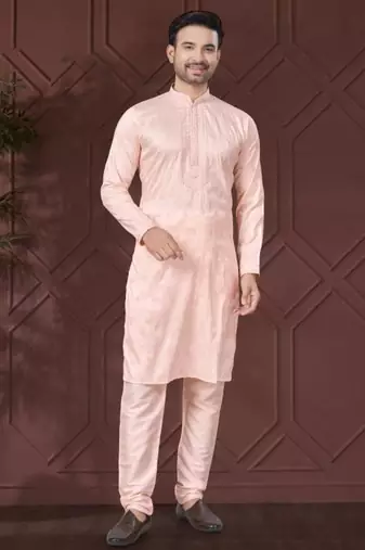Peach pure silk with embroidery work kurta pyjama for mens wear