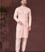 Peach pure silk with embroidery work kurta pyjama for mens wear
