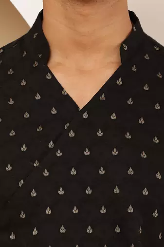 Men black printed straight kurta with white dhoti pants set