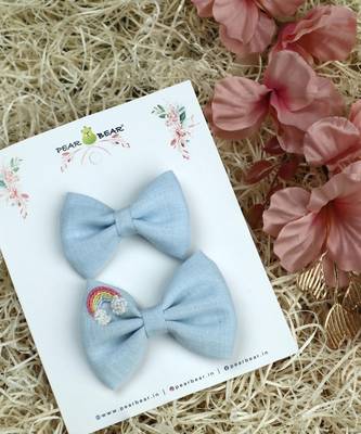 Blue plain linen hair bow 1