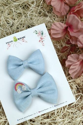 Blue plain linen hair bow