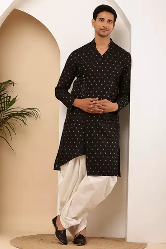 Men black printed straight kurta with white dhoti pants set