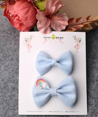 Blue plain linen hair bow 2