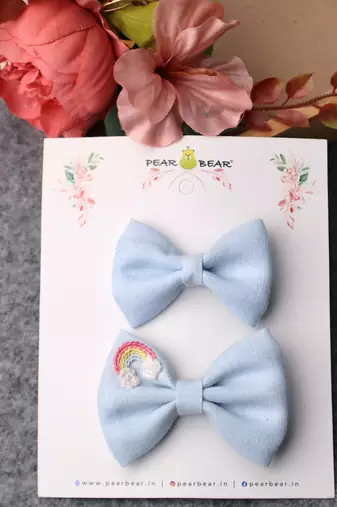 Blue plain linen hair bow