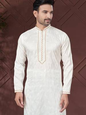 White pure silk with embroidery work kurta pyjama for mens wear 2