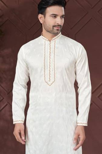 White pure silk with embroidery work kurta pyjama for mens wear